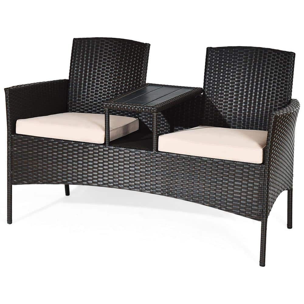 52 in. Wicker Patio Loveseats Outdoor Loveseat with beige Removable Cushion