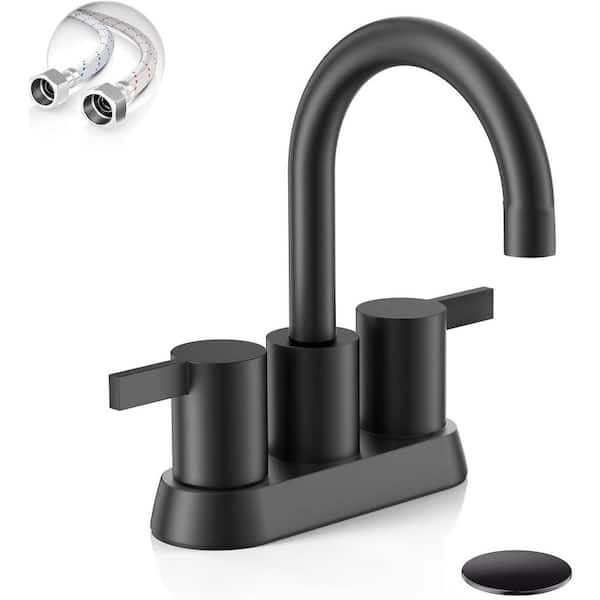 MTTCLE 4 in. Centerset Double Handle High Arc Bathroom Faucet with Drain Kit Included in Matte Black