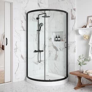 Breeze 38 in. L x 38 in. W x 76.97 in. H Corner Shower Kit with Clear Framed Sliding Door in Black and Shower Pan