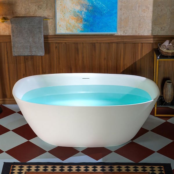 59 in. L x 32.63 in. W Luxury Solid Surface Stone Resin Freestanding Soaking Bathtub with Center Drain in Matte White