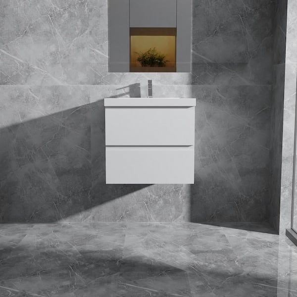 Opvande Alice 24 in. W x 20 in. D x 22 in. H Single Floating Bathroom Vanity in Gloss White with Solid Surface Sink Top in White