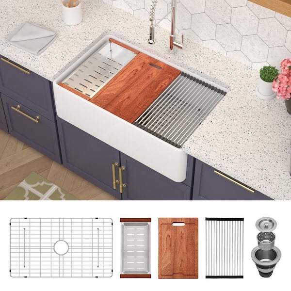 33 in. Farmhouse/Apron-Front White Ceramic Workstation Kitchen Sink with Strainer and Cutting Board