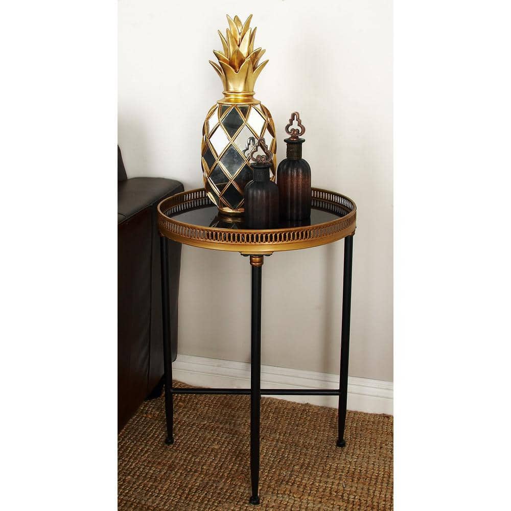 Black Round Metal and Stone Accent Table with Graduated Legs