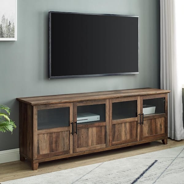 Welwick Designs 70 in. Reclaimed Barnwood Wood TV Stand with Half Glass Doors (Max tv size 80 in.)