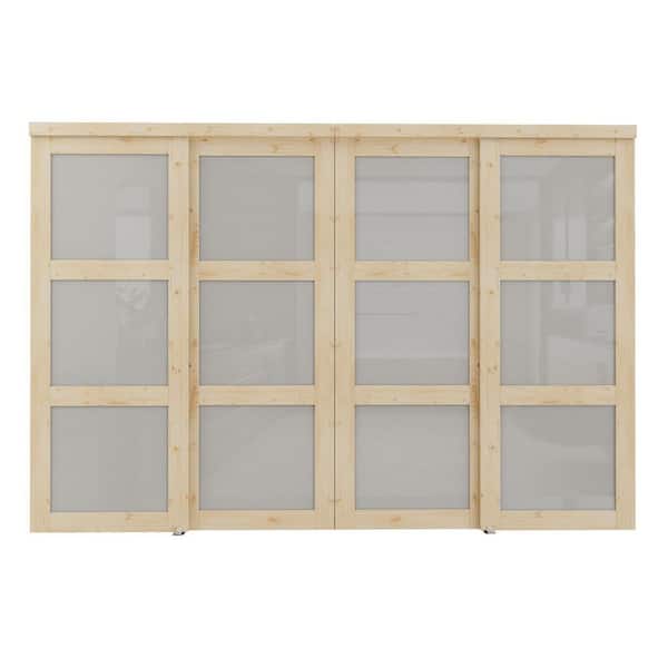 120 in. x 80 in. 3-Lite Frosted Glass Primed White Pine Wood Unfinished Interior Closet Sliding Door Hardware