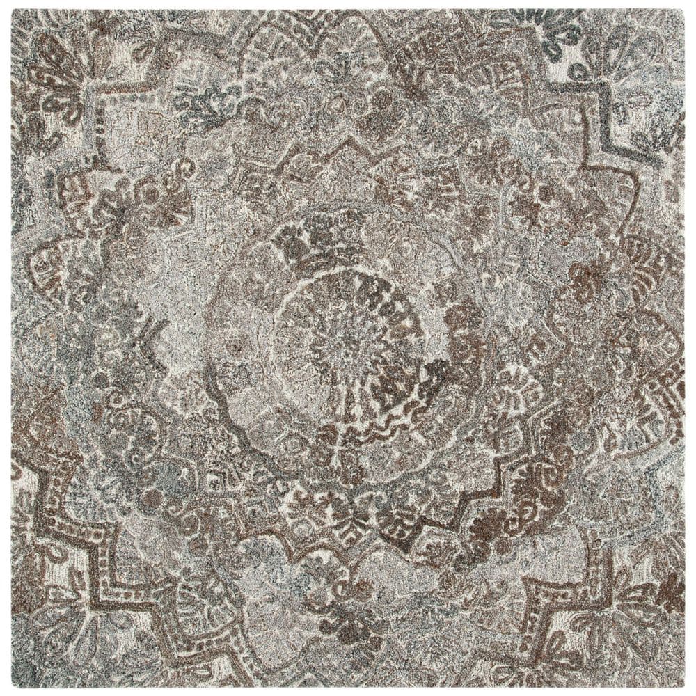 Ivory and Grey Floral Hand-Tufted Wool Square Rug