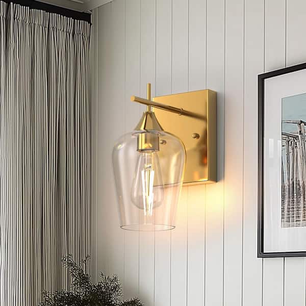 7.09 in. 1-Light Gold Wall Sconce with Wine Glass Shade for Hallway