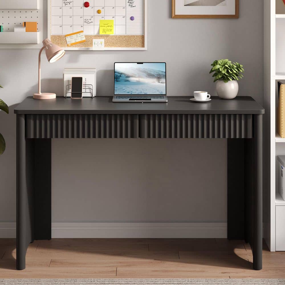 Bestier 47 in. Black Wood Fluted Vanity Desk with 2 Drawers and