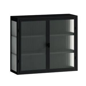 9.06 in. W x 27.56 in. D x 23.62 in. H in Black Metal Modern Wall Cabinet with 2 Glass Door and 3-Tier Storage