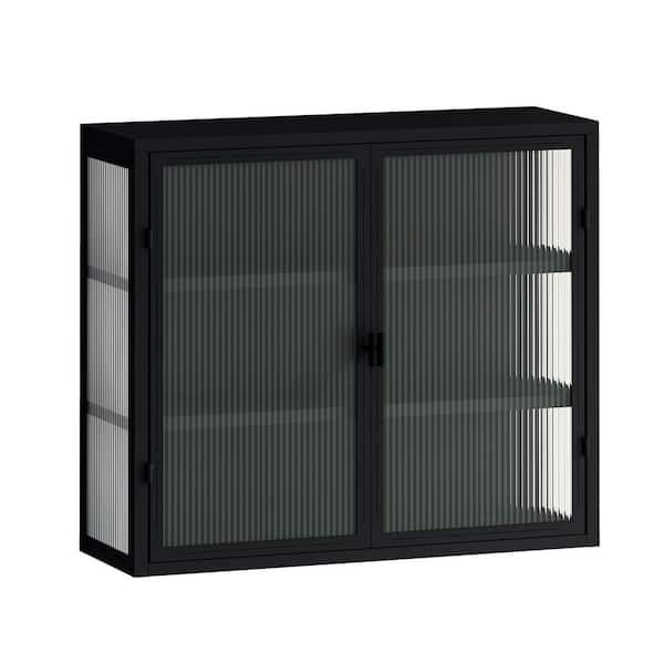 Aoibox 9.06 in. W x 27.56 in. D x 23.62 in. H in Black Metal Modern Wall Cabinet with 2 Glass Door and 3-Tier Storage