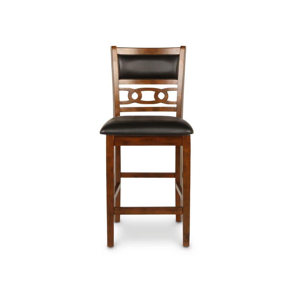 Brown Rubberwood Drop Leaf Counter Table Set with Black Upholstered Chairs