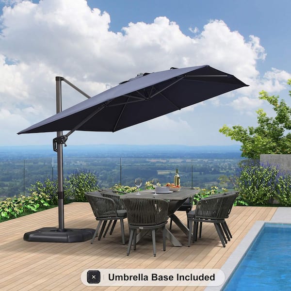 9 ft. x 11.5 ft. Aluminum Outdoor Patio Cantilever Umbrella Offset 360° Rotation Umbrella with Base, Navy Blue