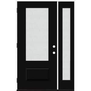 Legacy 53 in. W 80 in. 3/4 Lite Rain Glass RHOS Primed Black Finish Fiberglass Prehung Front Door with 14 in. SL