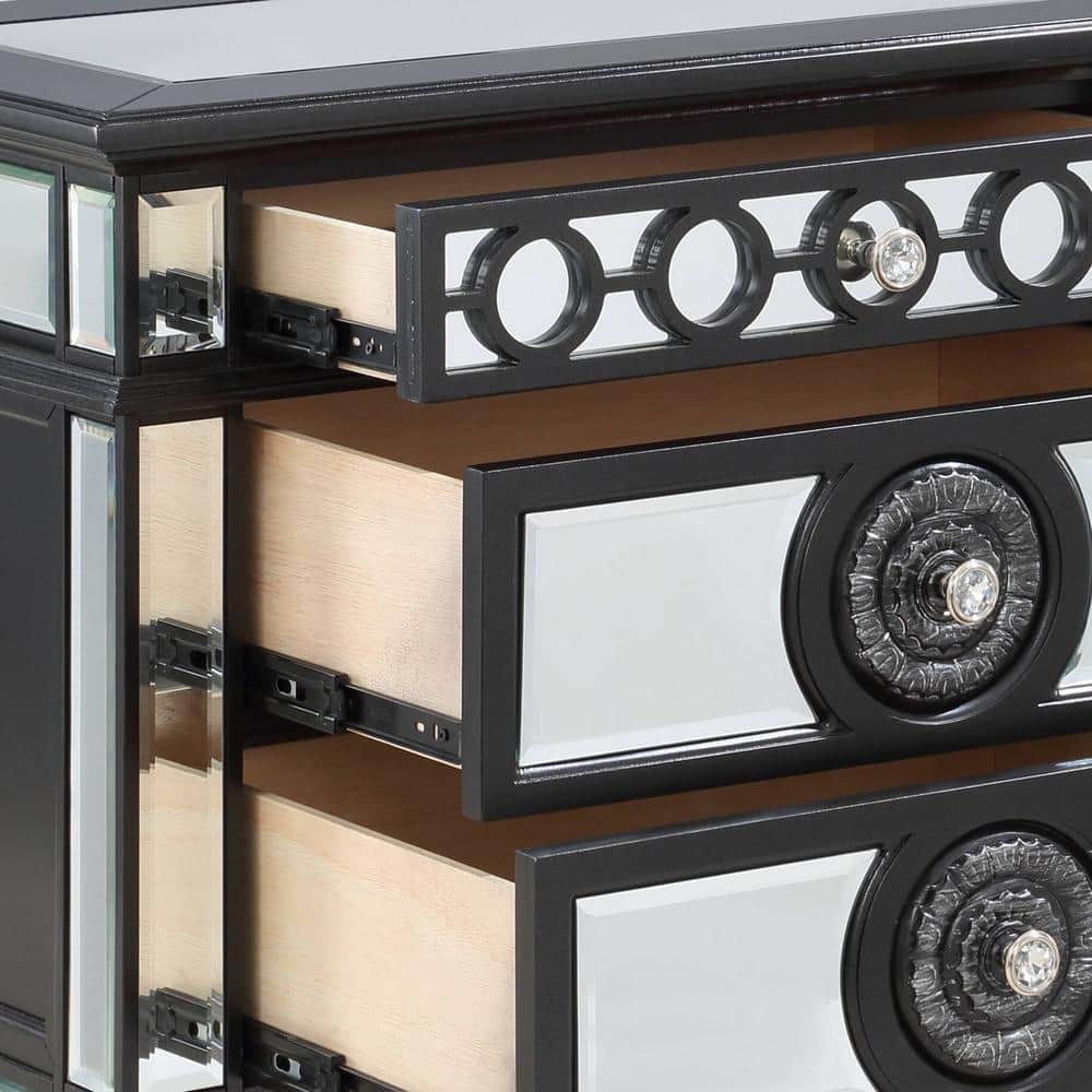 Elegant Black and Silver 3-Drawer Nightstand with Crystal Knobs