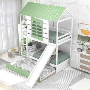Green Twin Over Twin Size House Bunk Bed with Convertible Slide and Trundle
