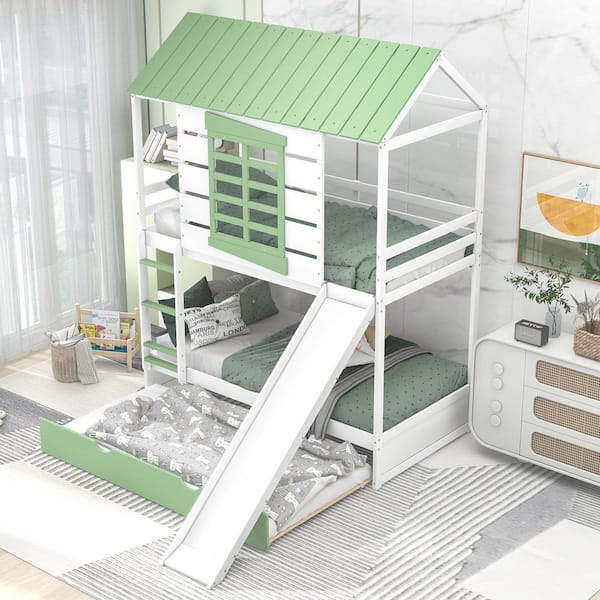 Green Twin Over Twin Size House Bunk Bed with Convertible Slide and Trundle