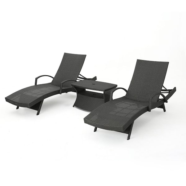 Noble House Heavenly Grey Armed 3 Piece Faux Rattan Outdoor Chaise Lounge And Table Set 16471