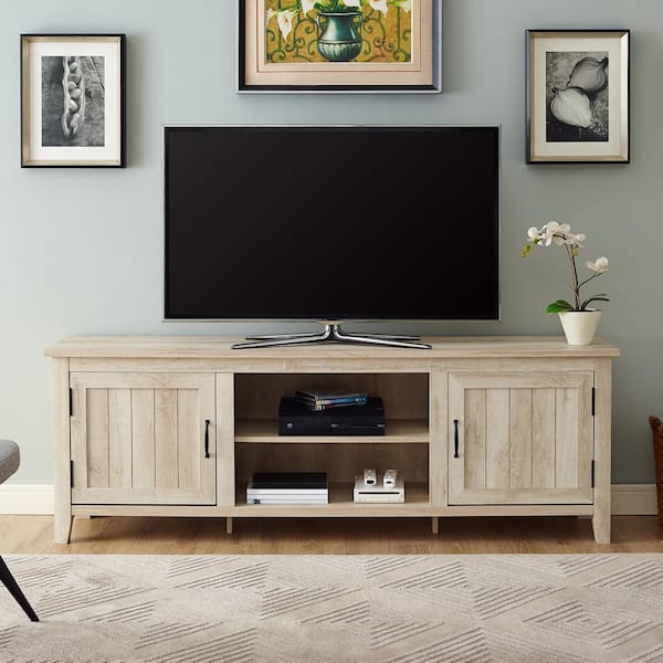 Walker Edison Furniture Company 70 in. White Oak Composite TV Stand Fits TVs Up to 78 in. with Storage Doors