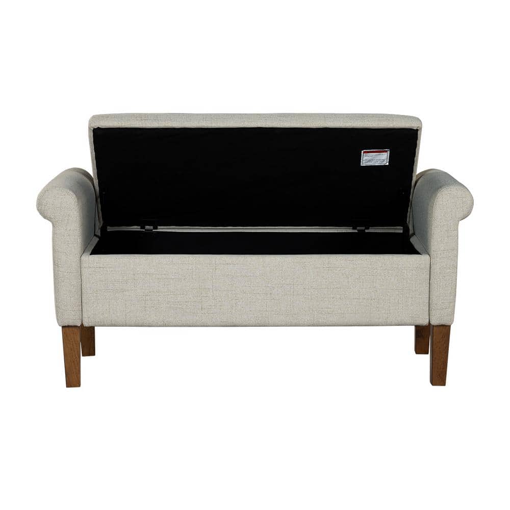 Natural Upholstered Storage Bench with Rolled Armrests