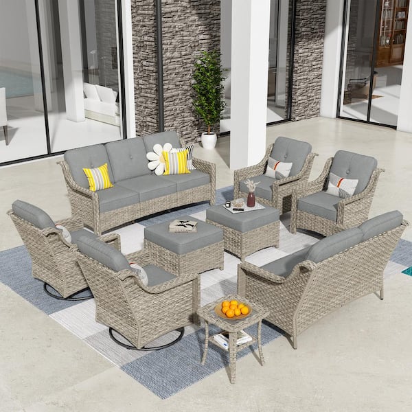 weaxty W Tulip H Gray 9-Piece Wicker Patio Outdoor Conversation Sofa Set with Swivel Rocking Chairs and Dark Gray Cushions