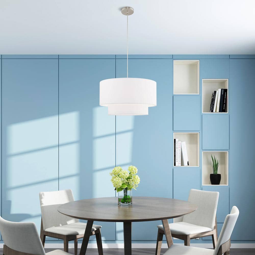 Elegant Brushed Nickel Drum Pendant with Off-White Fabric Shade