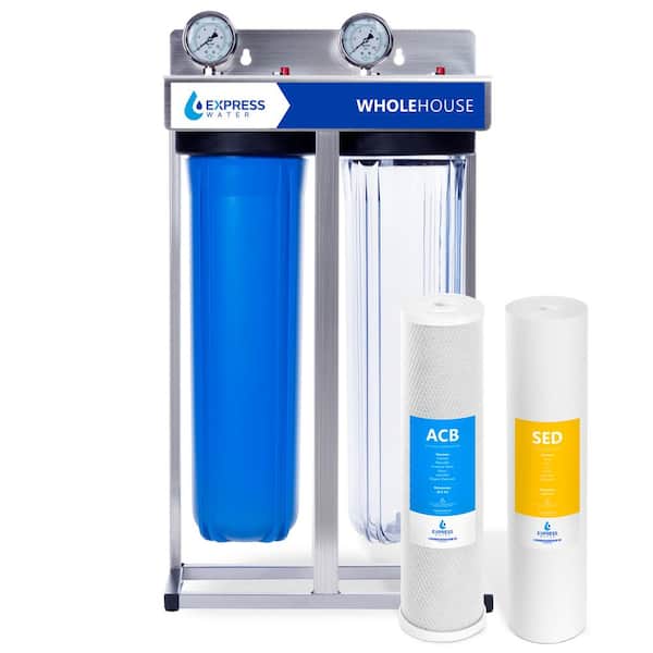 Express Water 2-Stage Whole House Water Filtration System - Sediment and Carbon Filter, Pressure Gauge, Easy Release, 1 in. Connection