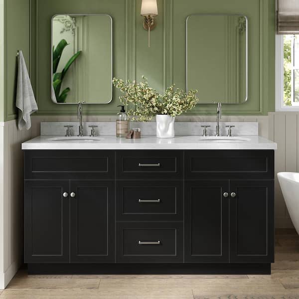 ARIEL Hamlet 67 in. W x 22 in. D x 36 Double Sink Freestanding Bath Vanity in Black with Carrara White Marble Top