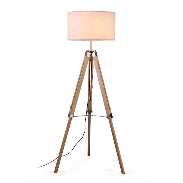 Posh 58 in. Natural Tripod 1-Light Floor Lamp with Solid wood Body and Beige Fabric Drum Shade
