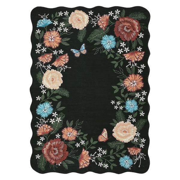 Wavy Edge Decorative Rug Machine Washable Vintage Floral Printed Area Carpet for Bedroom Apartment Black，9X12ft