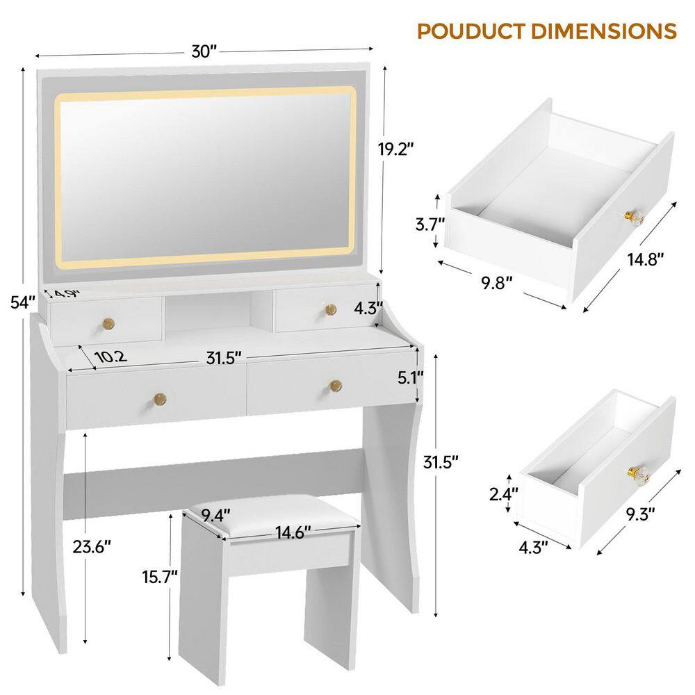 Makeup Vanity Desk with 3-Color Modes Adjustable Lights Vanity Table and Chair Set with Charging Station, White - thumbnail 10