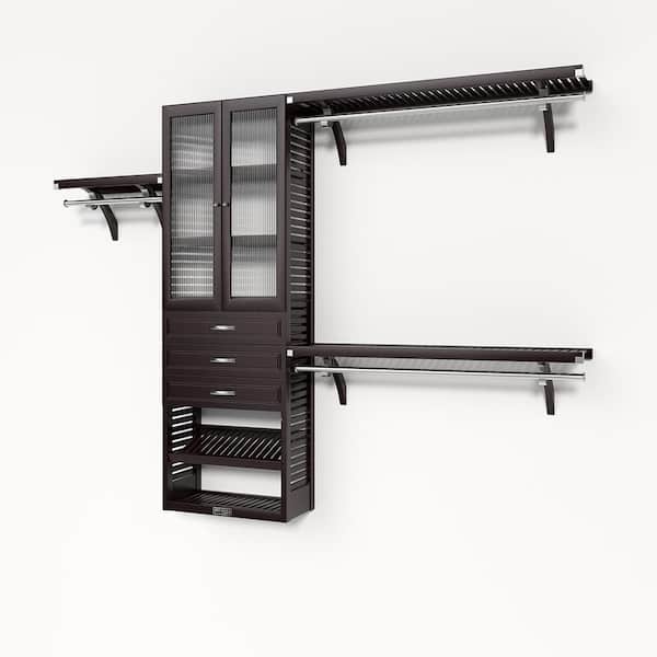 72 in. W - 120 in. W Espresso Reach in with 3 Drawers and Glass Door 12 in. Shelf Wood Closet System