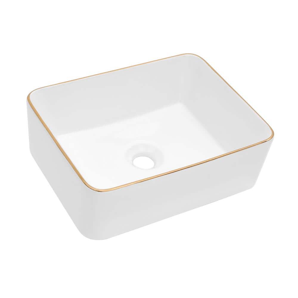 19x15 Inch White Ceramic Rectangular Vessel Bathroom Sink with Gold Trim
