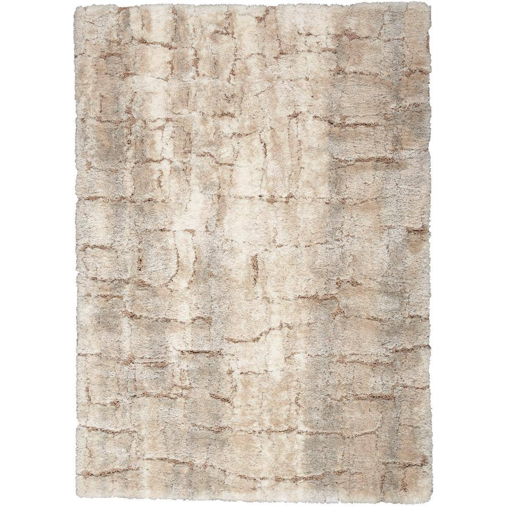 Ivory Beige Abstract Shag 5' x 7' Synthetic Area Rug