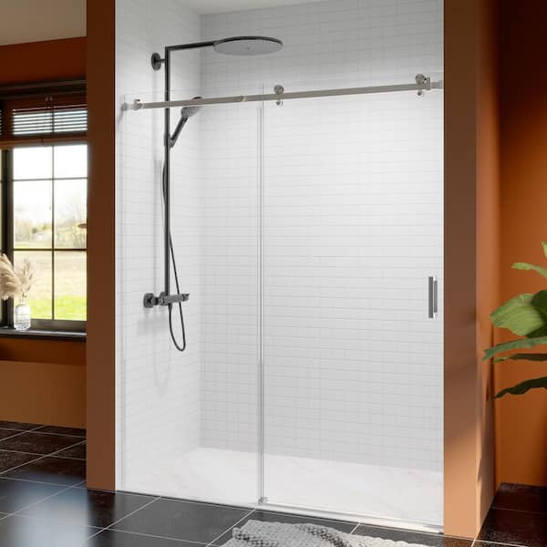 Reversible 56 to 60 in. W x 74 in. H Frameless Sliding Shower Door in Brushed Nickel with Soft-Close and Tempered Glass