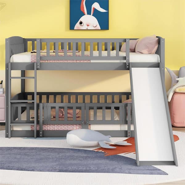 Polibi Gray Full Over Full Low Bunk Bed with Fence, Slide, Ladder for ...