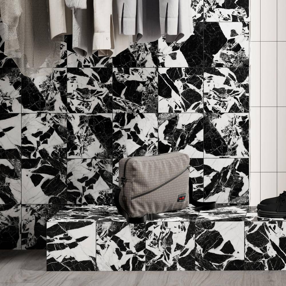 Senzia 8" x 8" Black and White Marble-Look Porcelain Tile