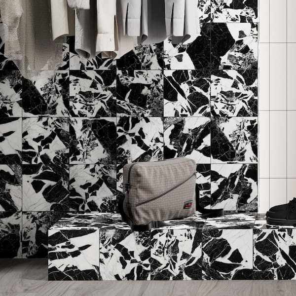 Senzia Antique Noir 7.87 in. x 7.87 in. Matte Porcelain Marble look Floor and Wall Tile (10.76 sq. ft./Case)