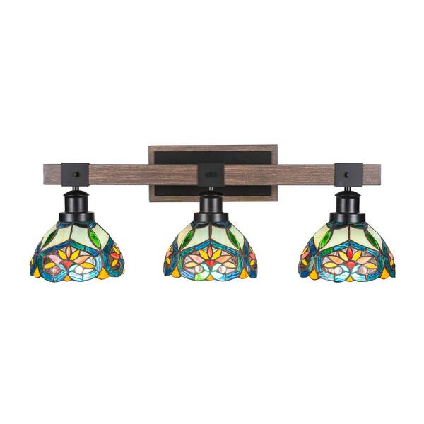 Unbranded Richmond 27.5 in. 3-Light Vanity Light Matte Black and Wood-look Metal with 7 in. Pavo Art Glass no bulbs included
