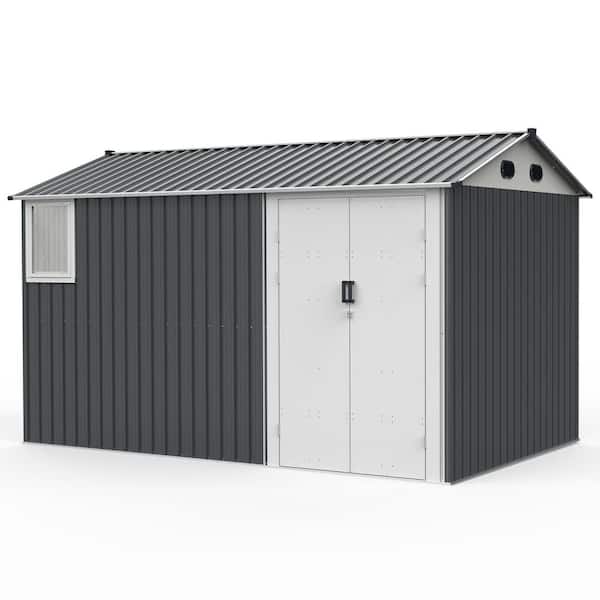 8 x 12 ft. Metal Outdoor Storage Shed with Window, Floor Base, Air Vents and Double Hinged Door, Dark Gray