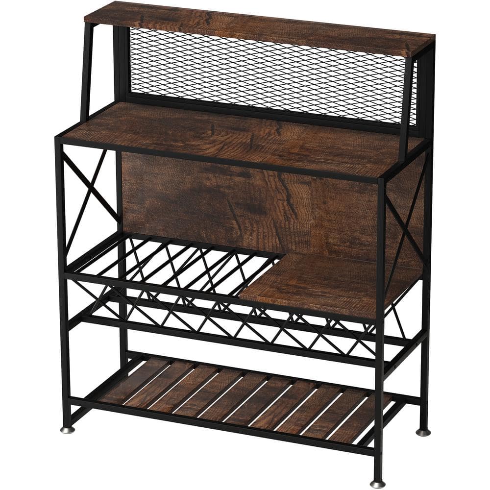 Rustic Brown Industrial Wine Rack Bar Table with Glass Holder