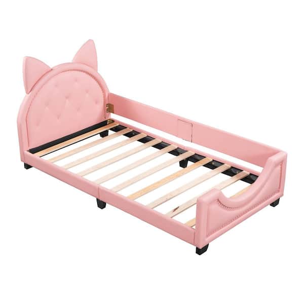 Unbranded Pink Wood Frame Twin Platform Bed with Bunny Ears Headboard