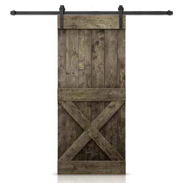 CALHOME 32 in. x 84 in. Distressed Mini X Series Espresso Stained DIY Wood Interior Sliding Barn Door with Hardware Kit