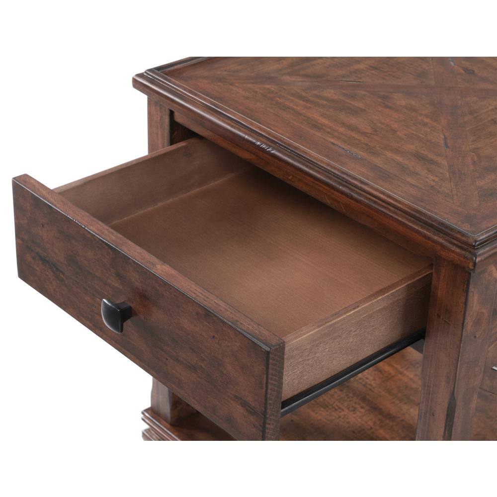 Cherry Pine Wood Square End Table with Drawer and Shelf