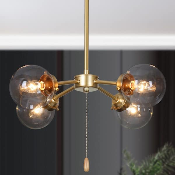 Uolfin Modern Gold Sputnik Dining Room Chandelier, 19.7 in. 4-Light Brass Kitchen Island Globe Light with Pull Chain Switch