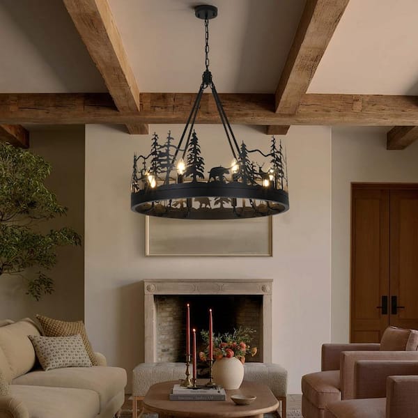 8-Light Black Ambient Rustic Chandelier Wagon Wheel Farmhouse Chandelier for Dining Living Room Foyer