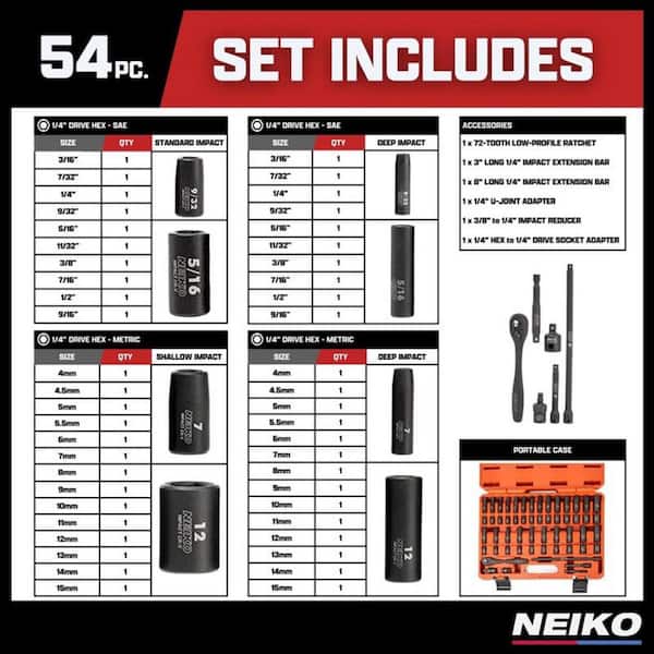 NEIKO 1/4 in. Drive SAE and Metric 6-Point Deep Impact Socket Set