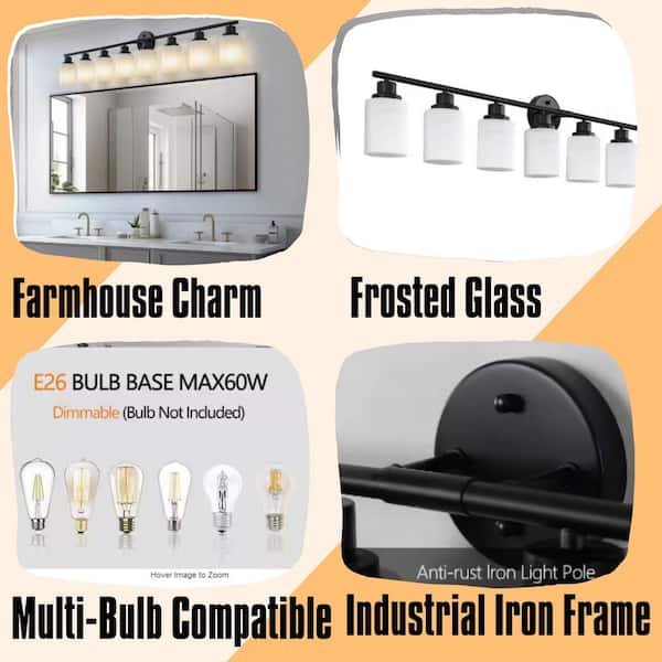 Modern 52 in. 8-Light Black Vanity Light Bathroom Mirror, Frosted White Glass, Iron Frame, Contemporary Wall Sconce