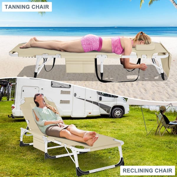 3 in 1 Folding Sun Tanning Chair Metal Outdoor Oversized Chaise Lounge Chairs with Beige Cushions Patio Chaise Chair