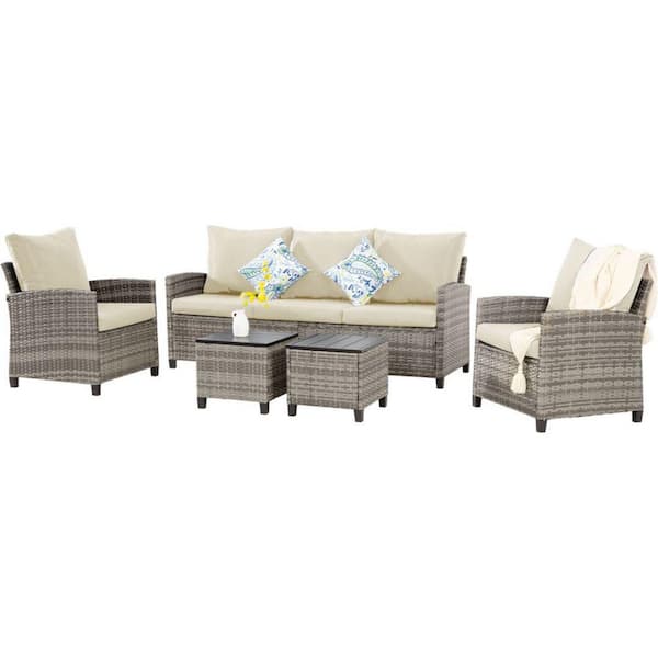 MIRAFIT Gray 5-Piece Wicker Rectangular 28.74 in. Outdoor Bistro Set with CushionGuard Beige Cushions