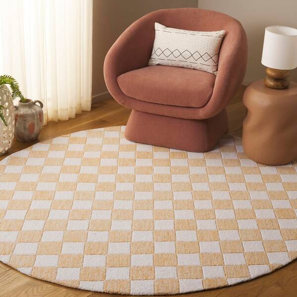 Ebony 6 ft. x 6 ft. Gold/Ivory Checkered Geometric Round Area Rug
